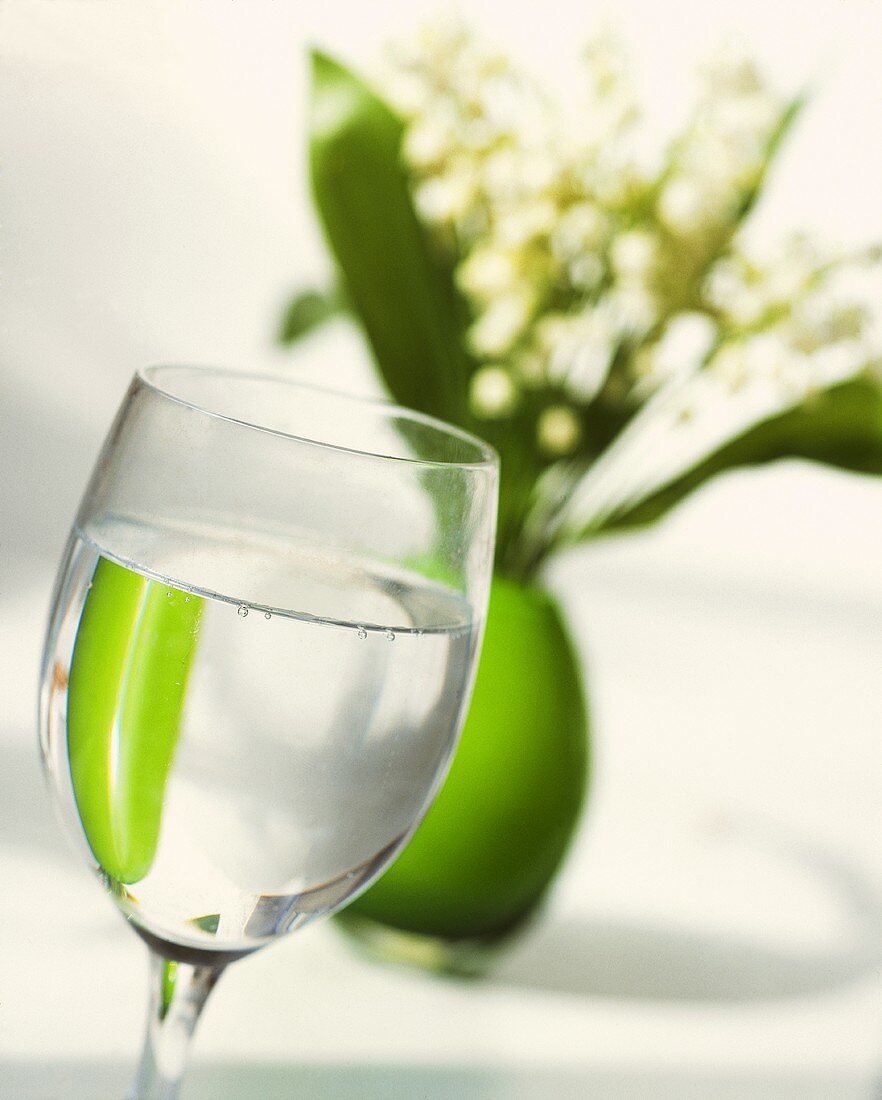 Glass of water in front of lilies of the valley