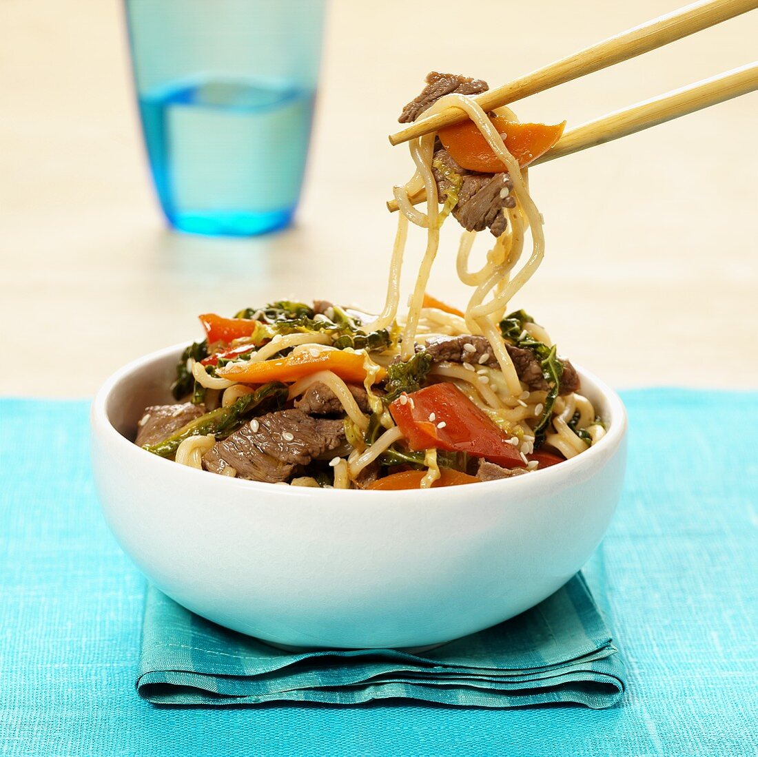 Asian noodle stir-fry with beef and sesame