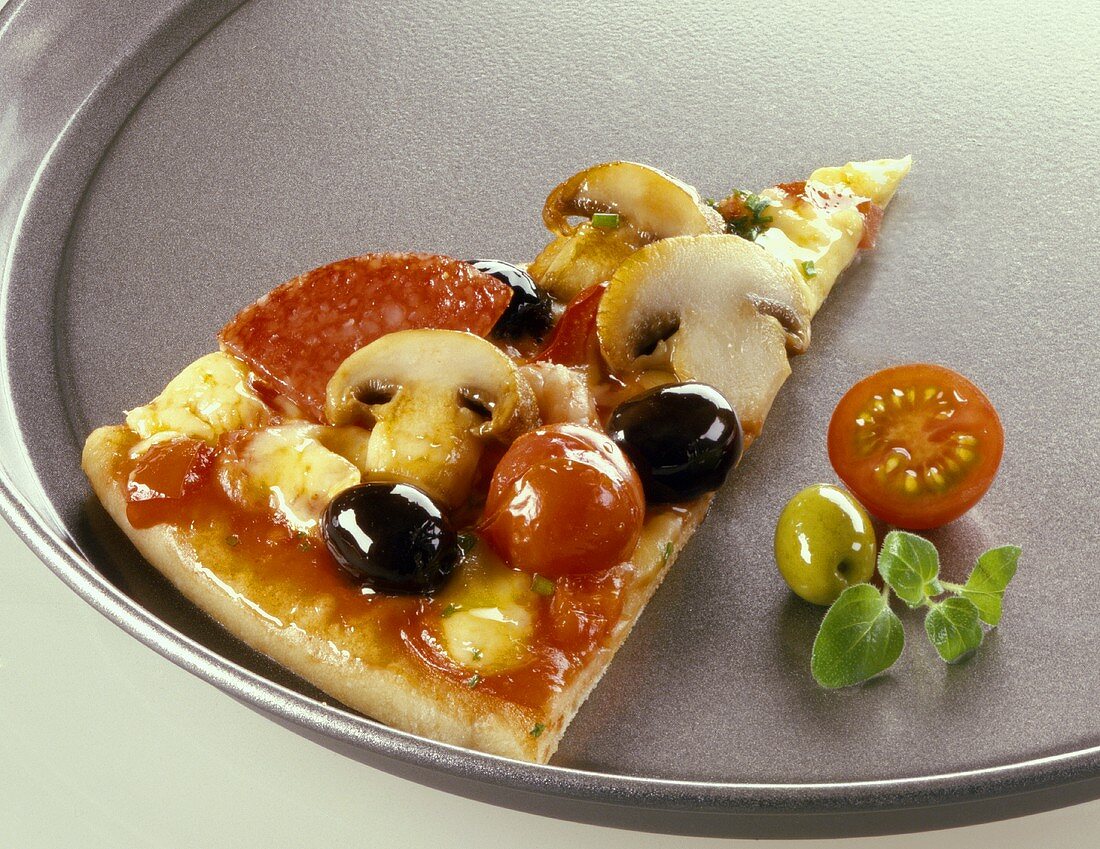 Ein Stück Salamipizza in einem Pizzabblech