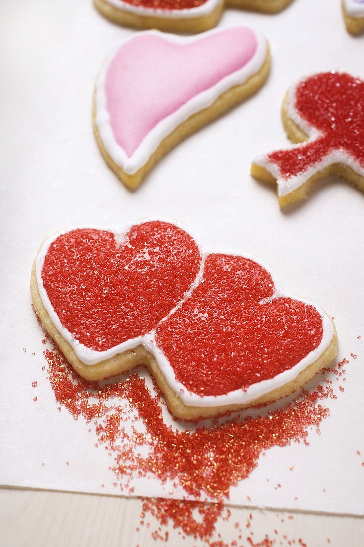 Red and pink heart-shaped biscuits