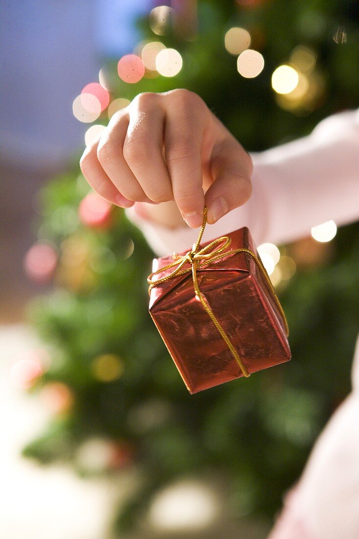 Hand holding small parcel in front of Christmas tree