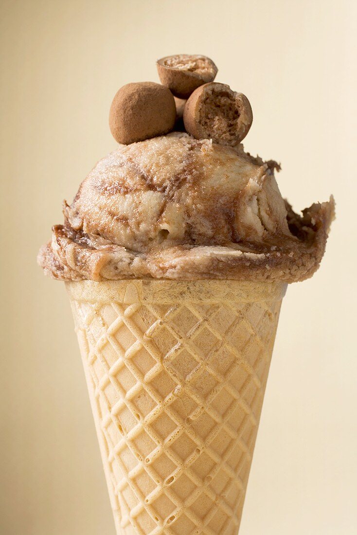 Chocolate ice cream in wafer cone
