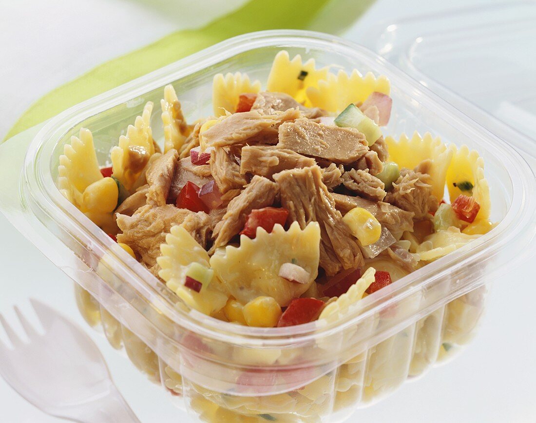 Pasta salad with tuna in plastic container