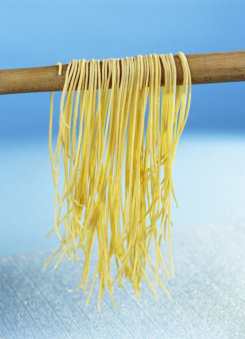 Home-made pasta hanging up to dry