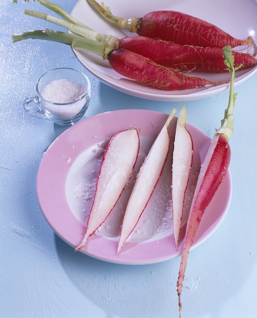 Long red radishes with coarse salt