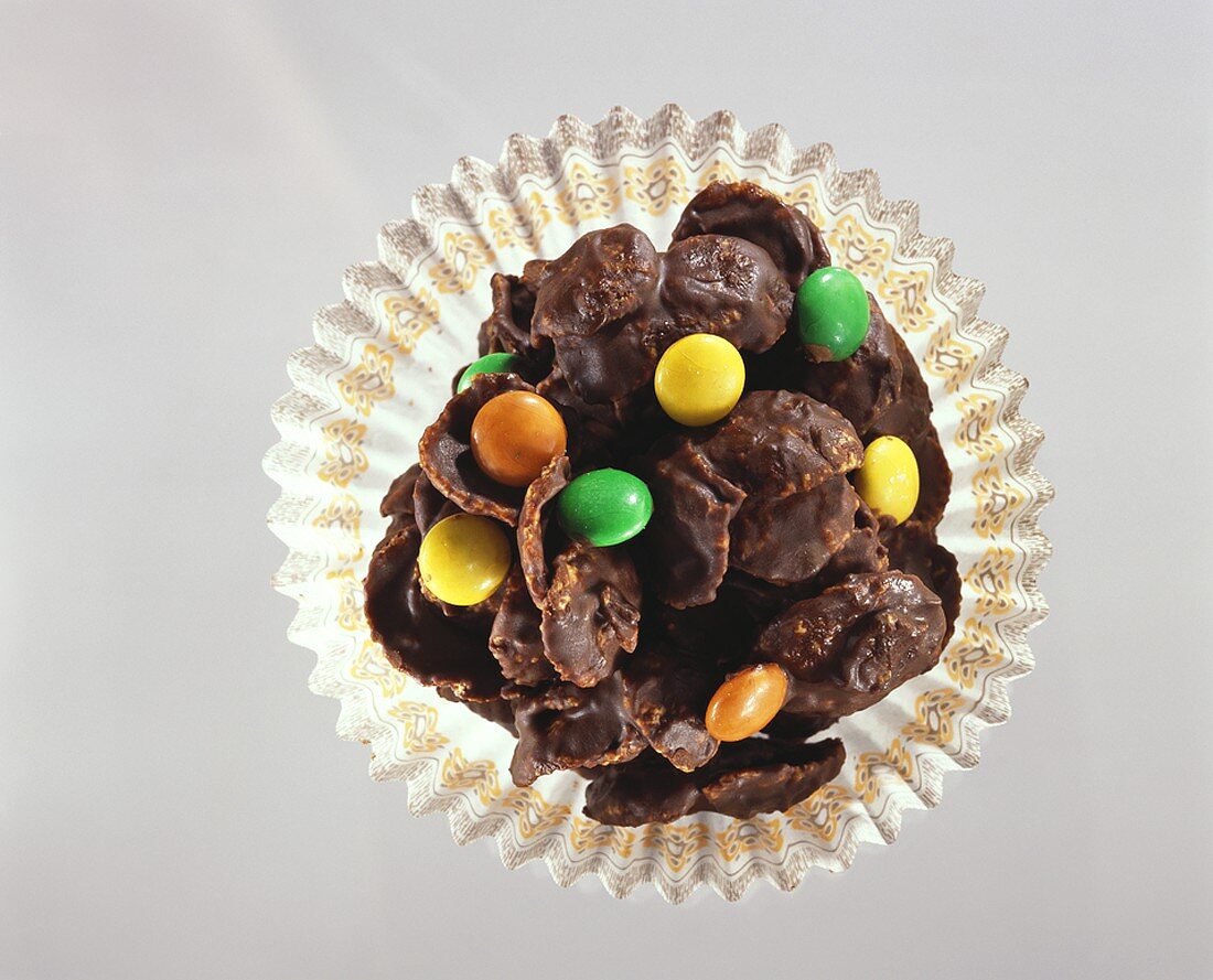 Chocolate cornflake crispies with coloured chocolate beans