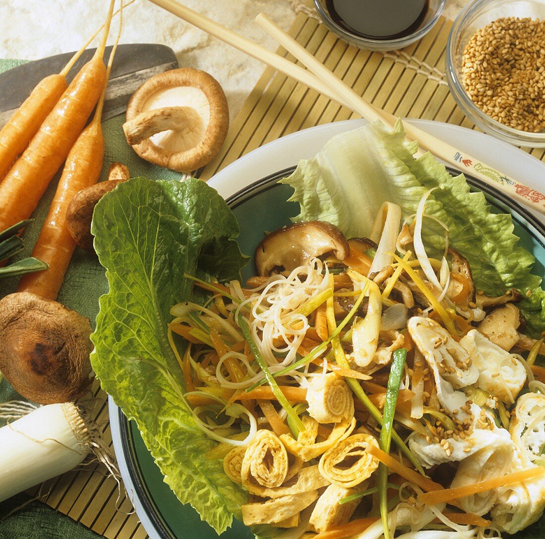 Glass noodle salad with vegetables, mushrooms and sesame