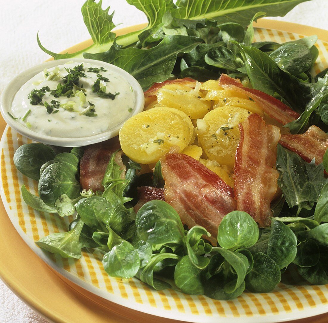 Corn salad with dandelion leaves, potatoes and bacon