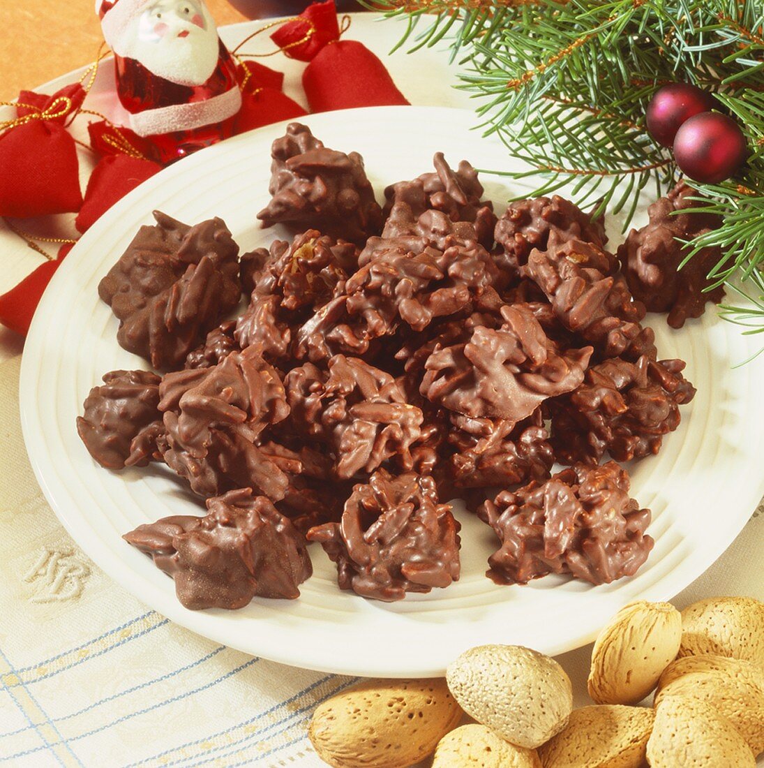 Chocolate almond clusters on a plate
