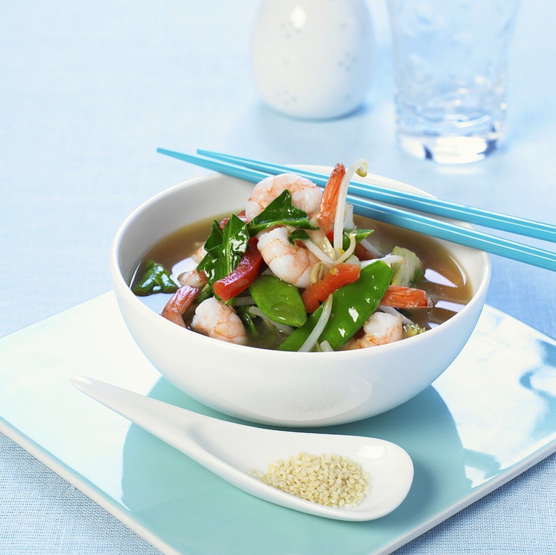 Shrimp and vegetable soup in a bowl