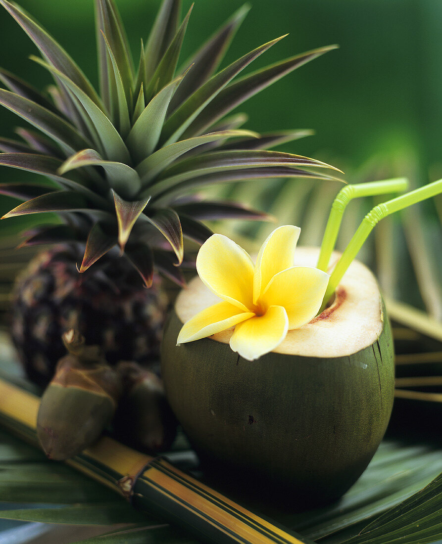 Aufgeschlagene Kokosnuss mit Trinkhalmen und einer Ananas