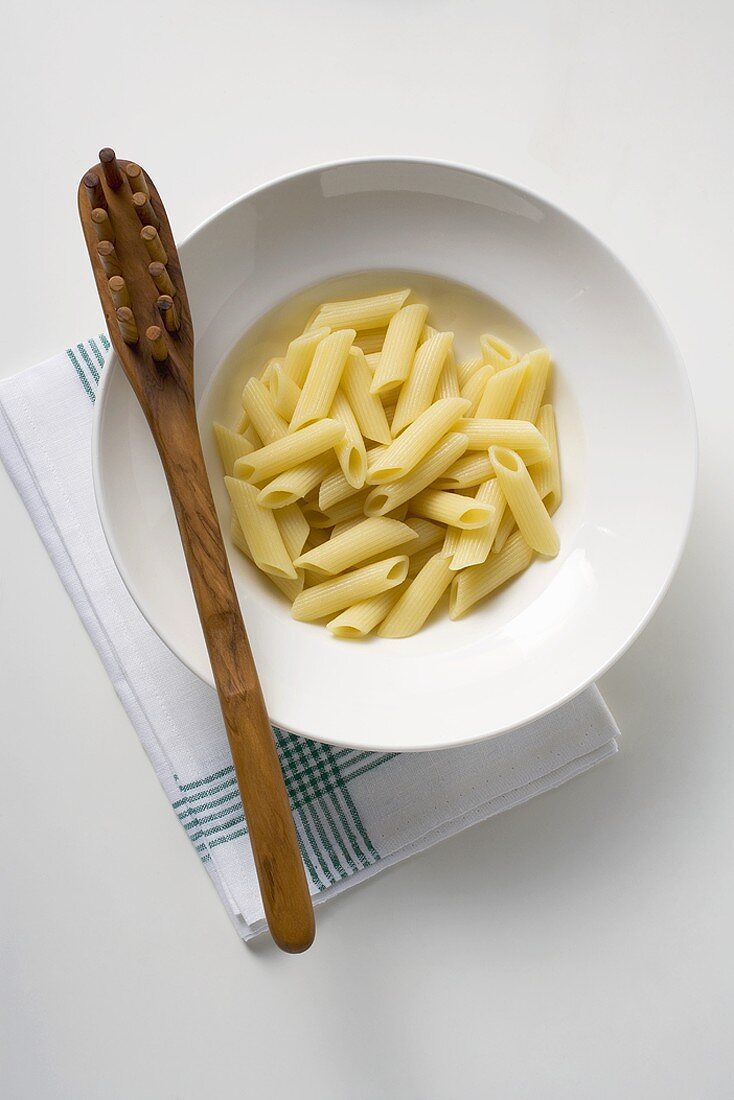 Teller mit Penne Rigate und Spaghettiheber