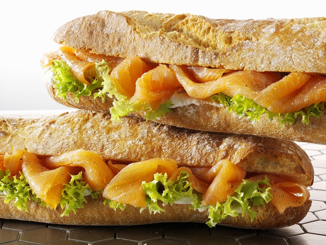 Two smoked salmon baguettes