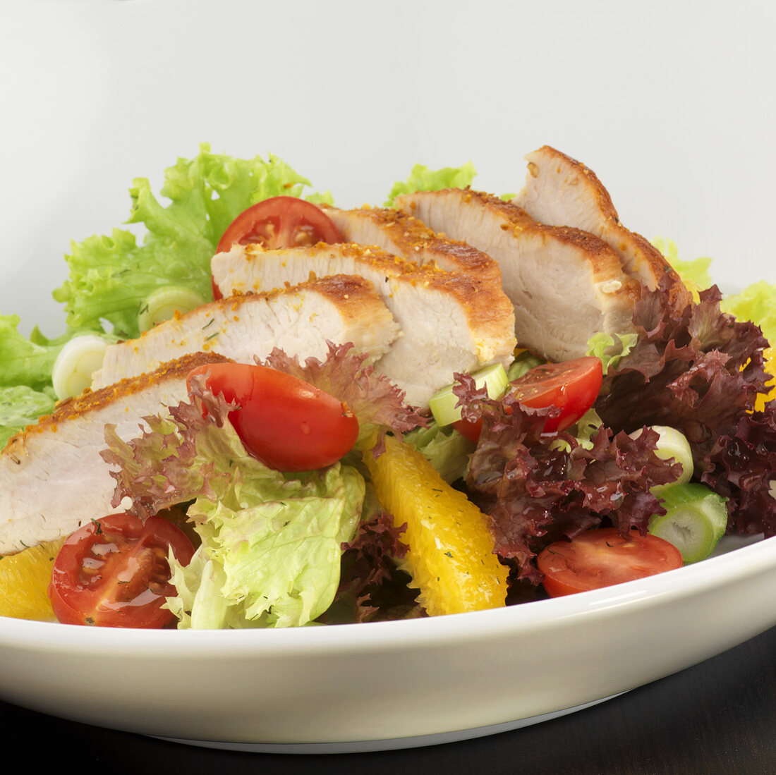 Plate of salad with sliced turkey