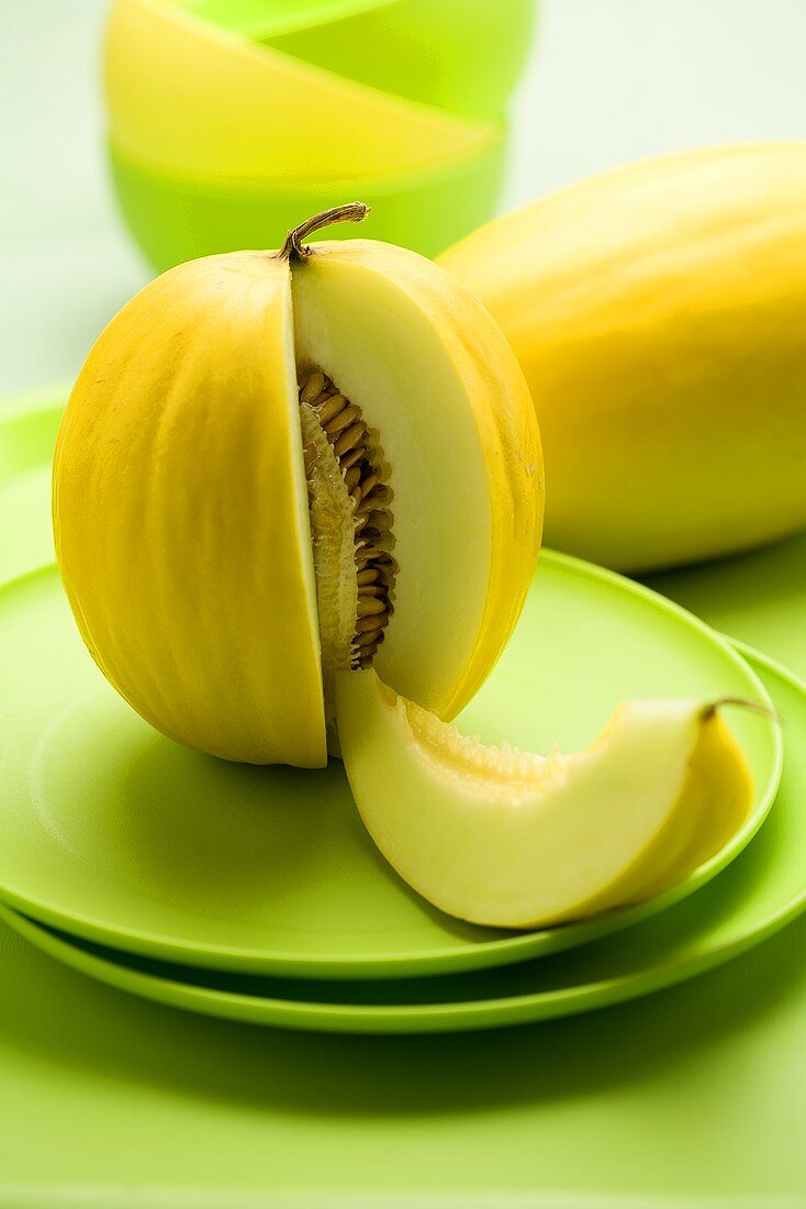 Honeydew melon with a slice removed