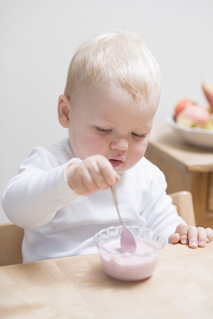 Small boy eating yoghurt