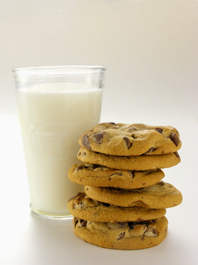 Glass of Milk with Stacked Chocolate Chip Cookies