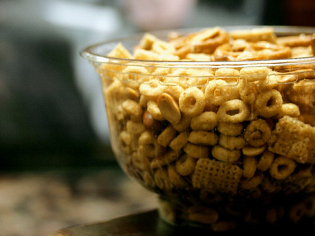 Chex Mix in a Glass Bowl