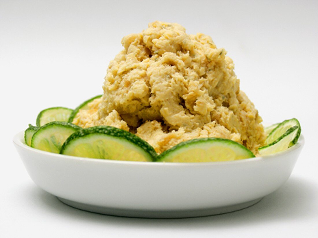 Shrimp Dip in a Dish with Sliced Cucumbers