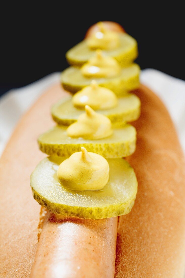 Hot dog with gherkin slices and mustard