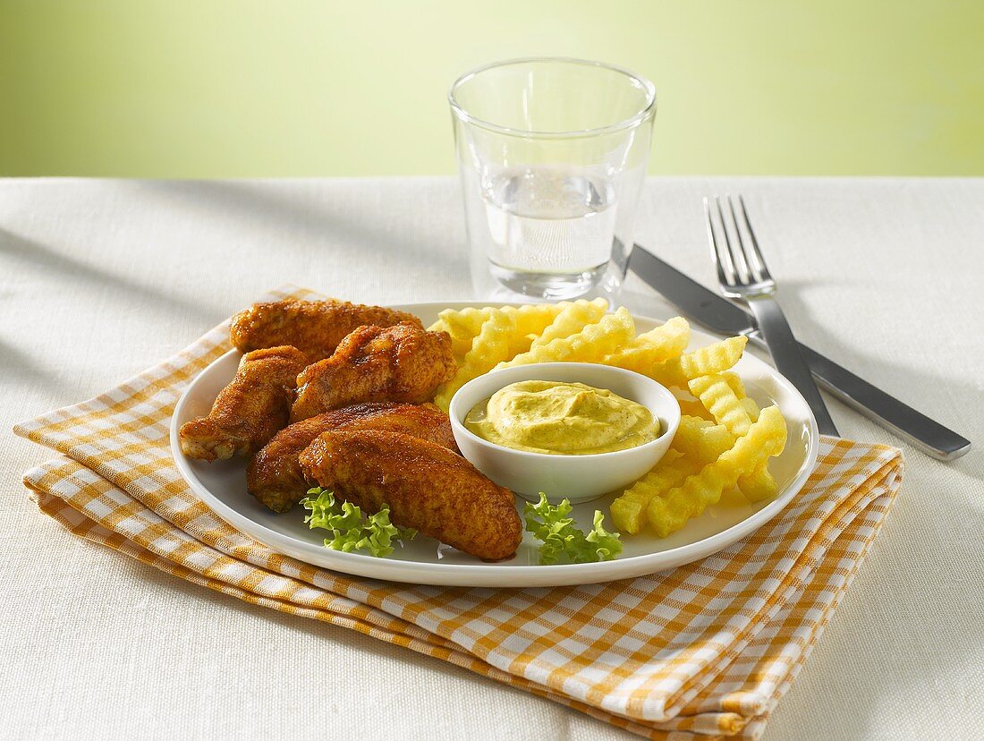 Chicken Wings mit Currydip, Pommes Frites und Wasserglas