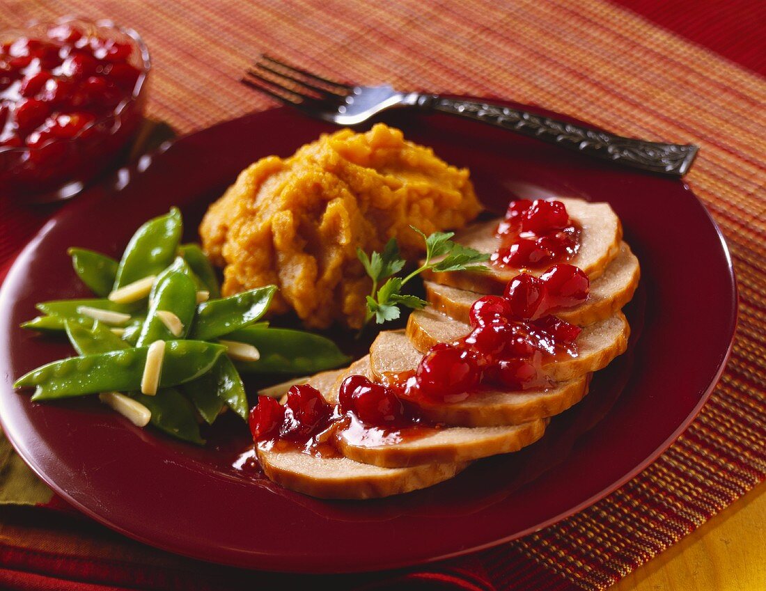Sliced Turkey with Cranberry Sauce and Squash