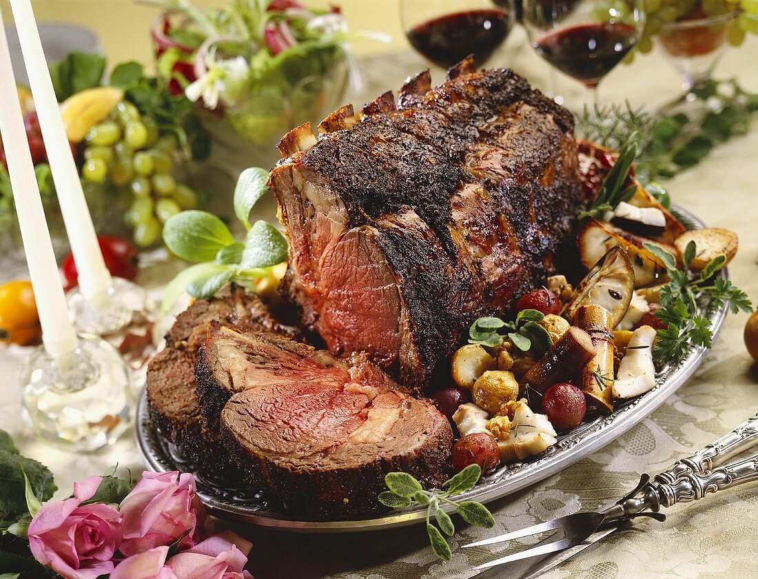 Partially Sliced Prime Rib on Platter