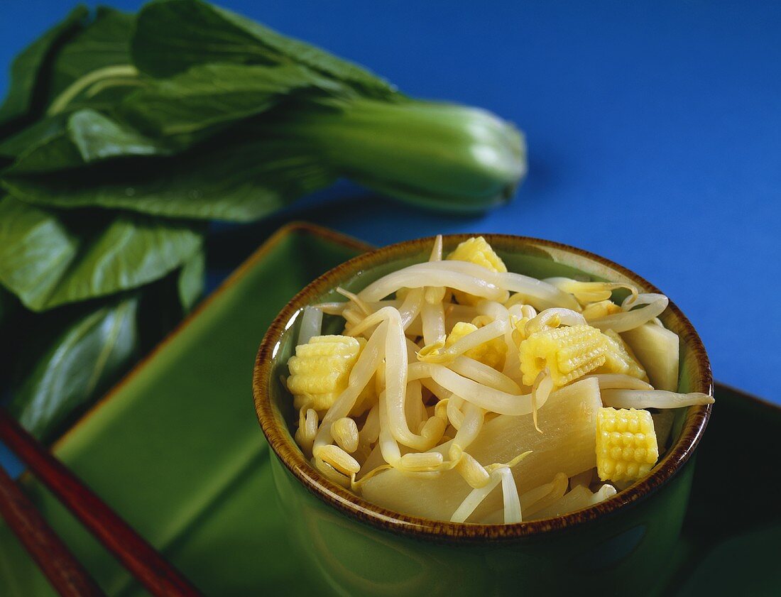 Small Bowl of Asian Bean Sprout, Bamboo and Corn Salad