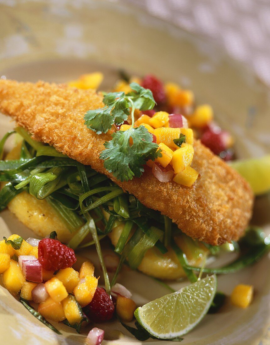 Fried Fish with Fruit Salsa Over Green Onions