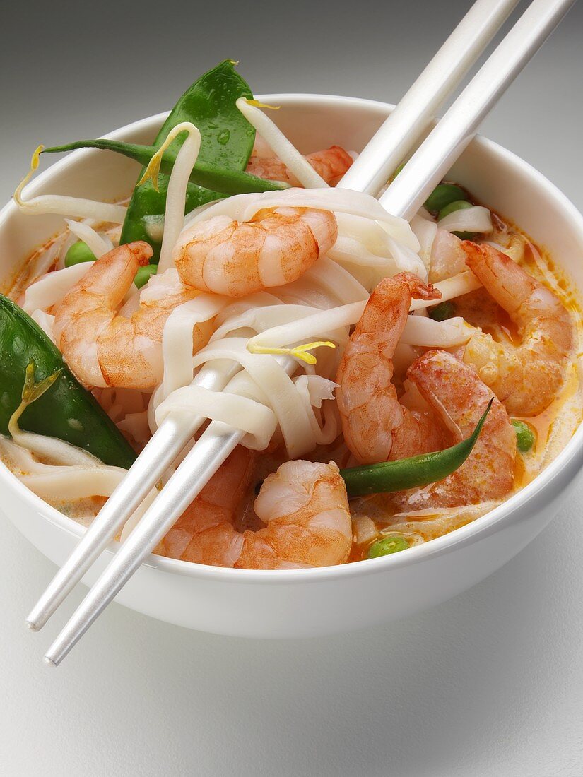 Laksa (Rice noodle soup with prawns, S.E. Asia)