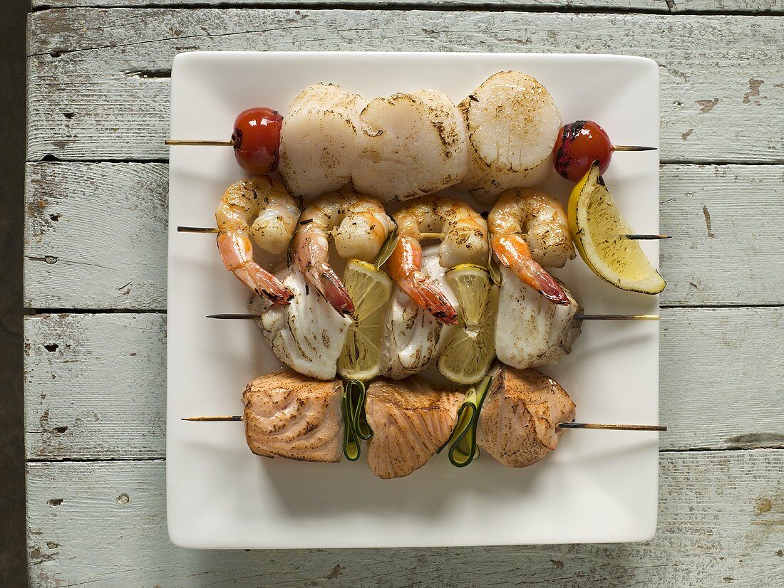 Various Seafood Kabobs; From Above