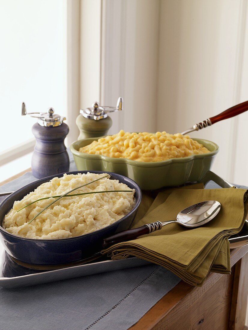 Mashed Potatoes and Macaroni and Cheese in Baking Dishes