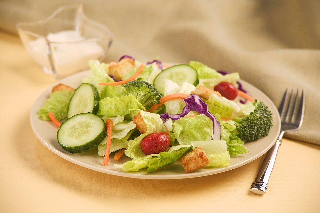 Gemischter Salat auf Teller und Dressing