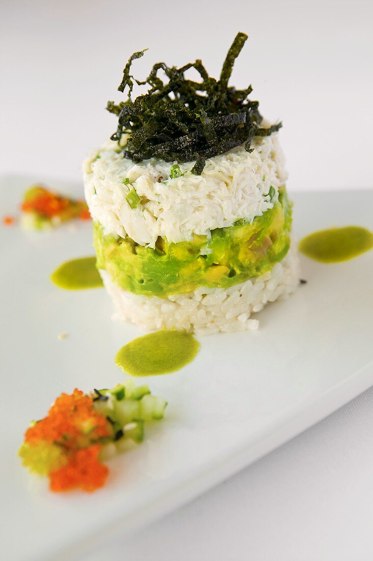 Reconstructed California Roll with Dungeness Crab Salad, Avocado, Rice and Cilantro Vinaigrette