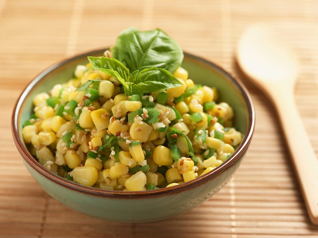 Corn Salad with Peppers, Sesame Seeds and Basil