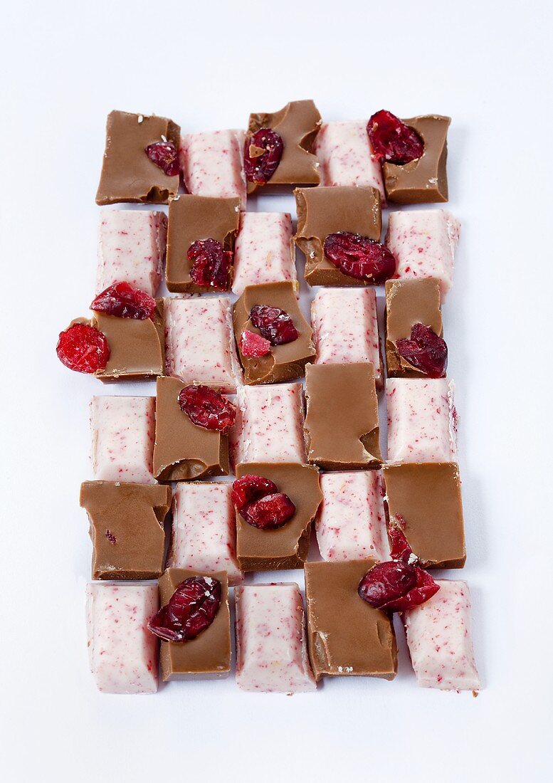 Verschiedene Schokoladenstücke mit Cranberries