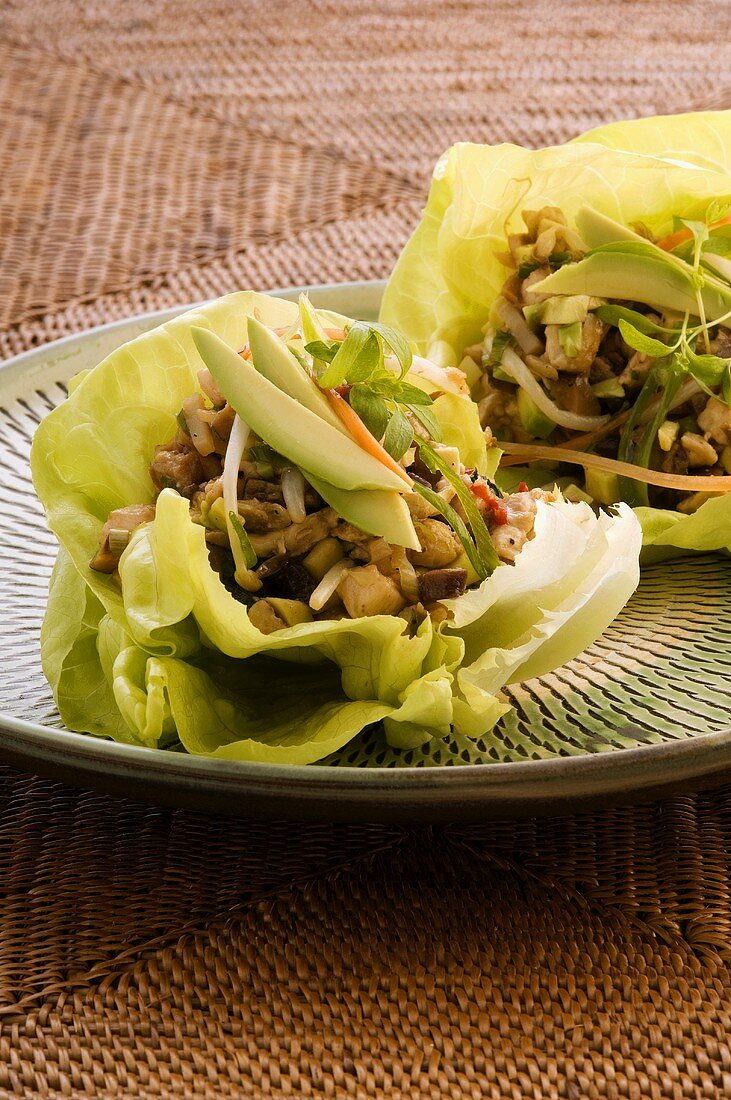 San Pak Choi Bow (Avocado und Hähnchen in Salatblättern, China)