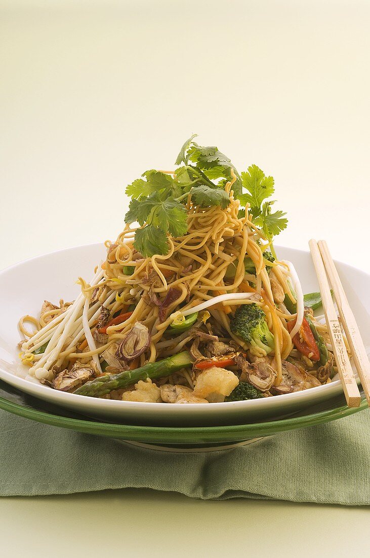 Stir-fried noodles with chicken and vegetables (China)