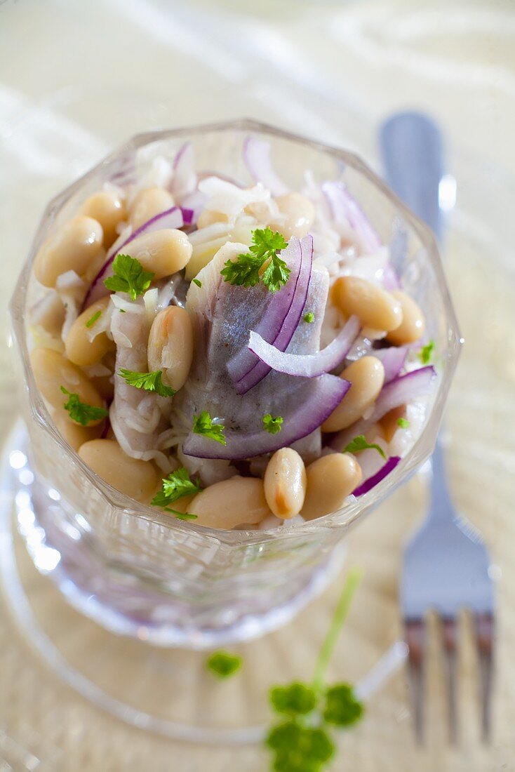Herring salad with onions, beans and apples