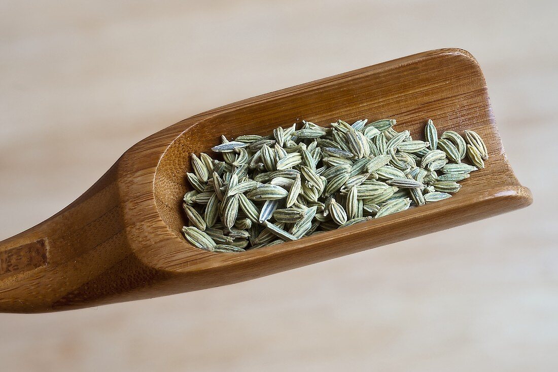 Fennel seeds on a wooden scoop