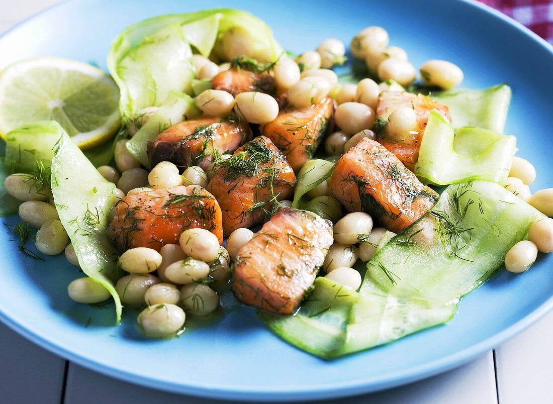 Marinated salmon with cucumber and beans