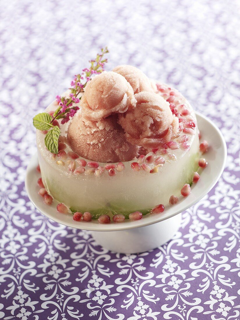 Granatapfelsorbet in Eisschale mit rosa Blütenzweig