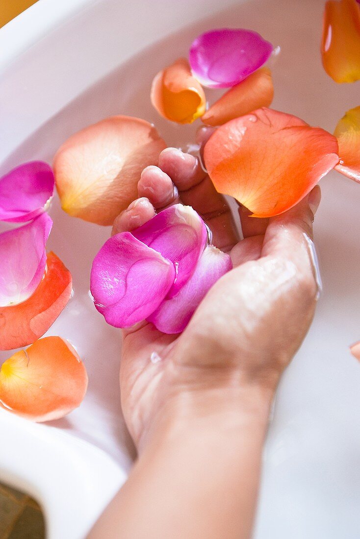 A hand in a bowl of water with rose petals