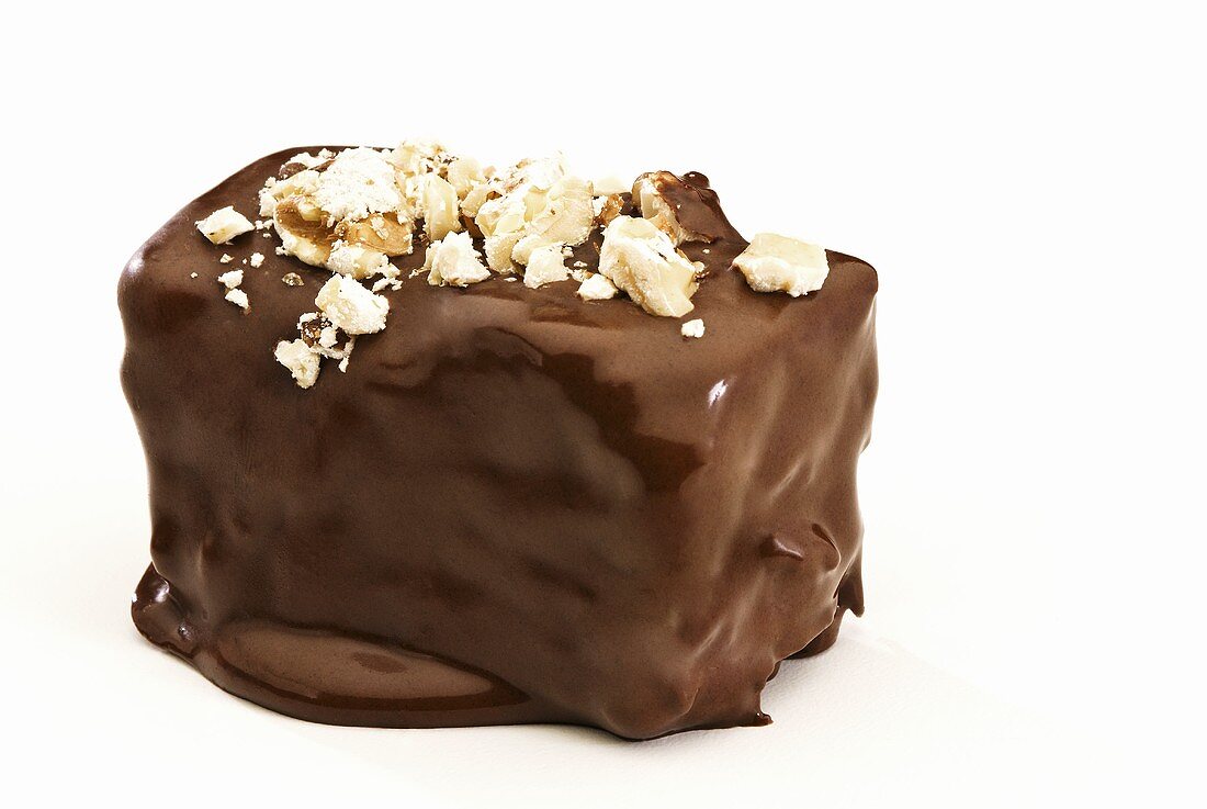 Dark Chocolate Covered Brownie with Nuts; White Background