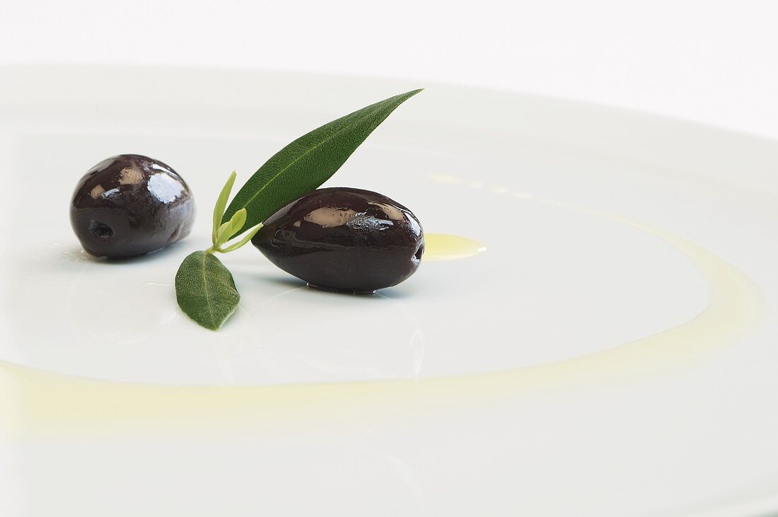 Kalamata-Oliven mit Blättern und Olivenöl auf Teller