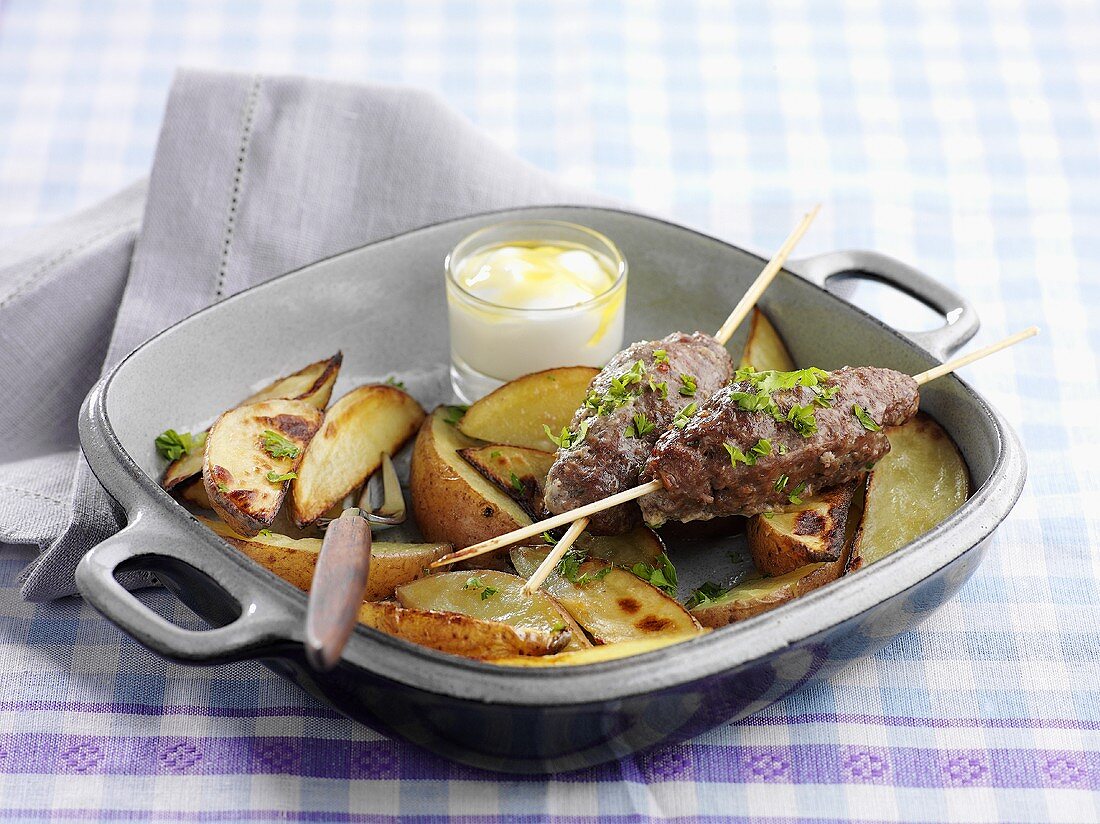 Lamb meat balls on skewers with potato wedges