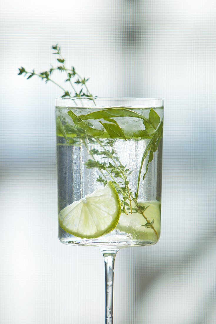 Ein Glas Wodka mit Kräutern und Limetten