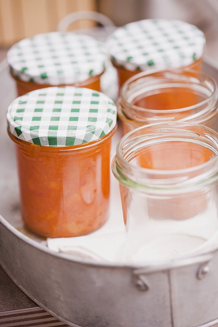 Apricot jam in jars