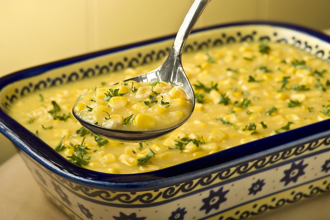 Antique Serving Spoon of Creamed Corn; Creamed Corn in Serving Dish