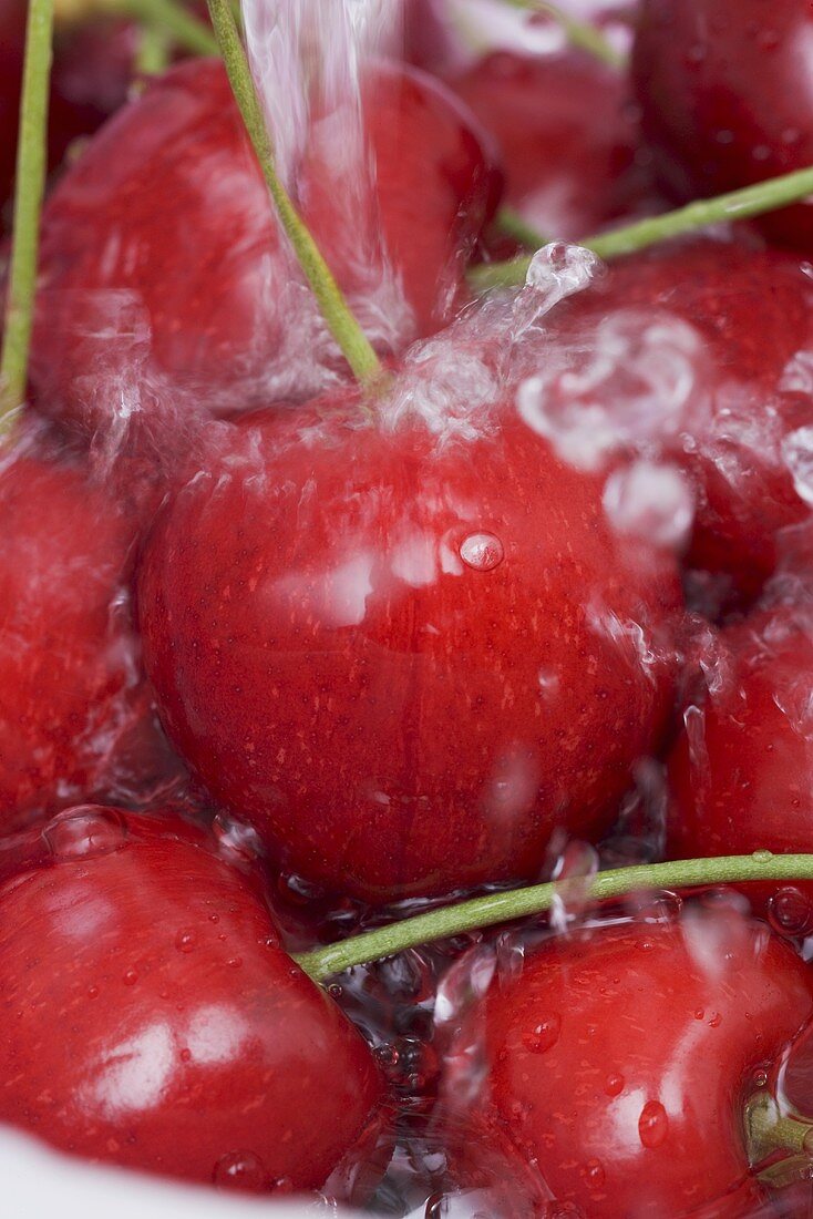 Cherries being washed (close up)